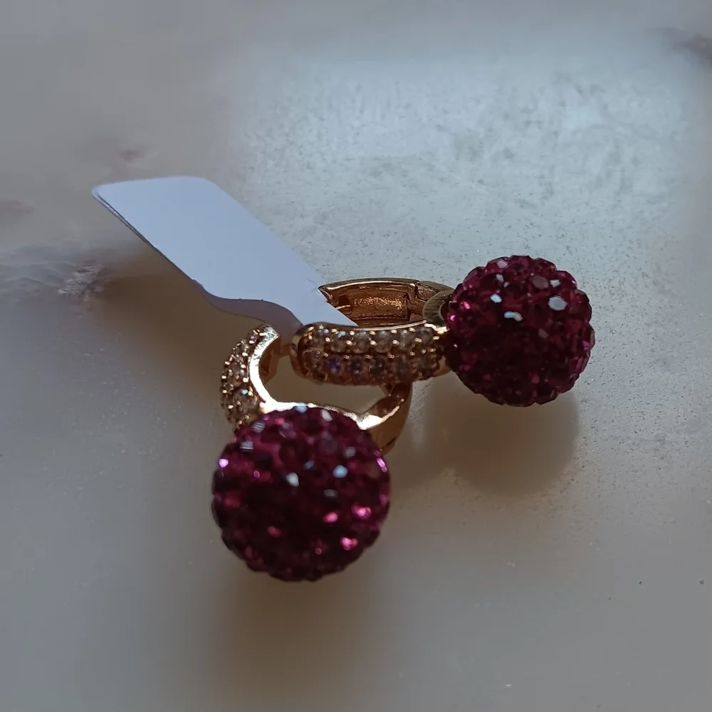 Gold plated pink crystal hoop earrings diamonds simulated